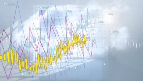 animation of graphs and charts processing data over sunny room and cloudy sky