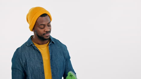 black man, speech bubble and quote presentation