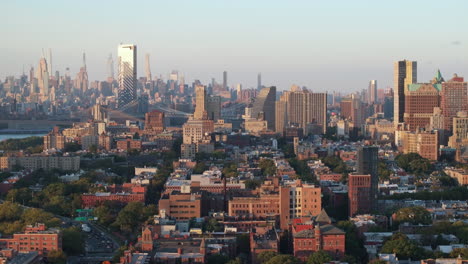 aerial view of new york city skyline at sunset