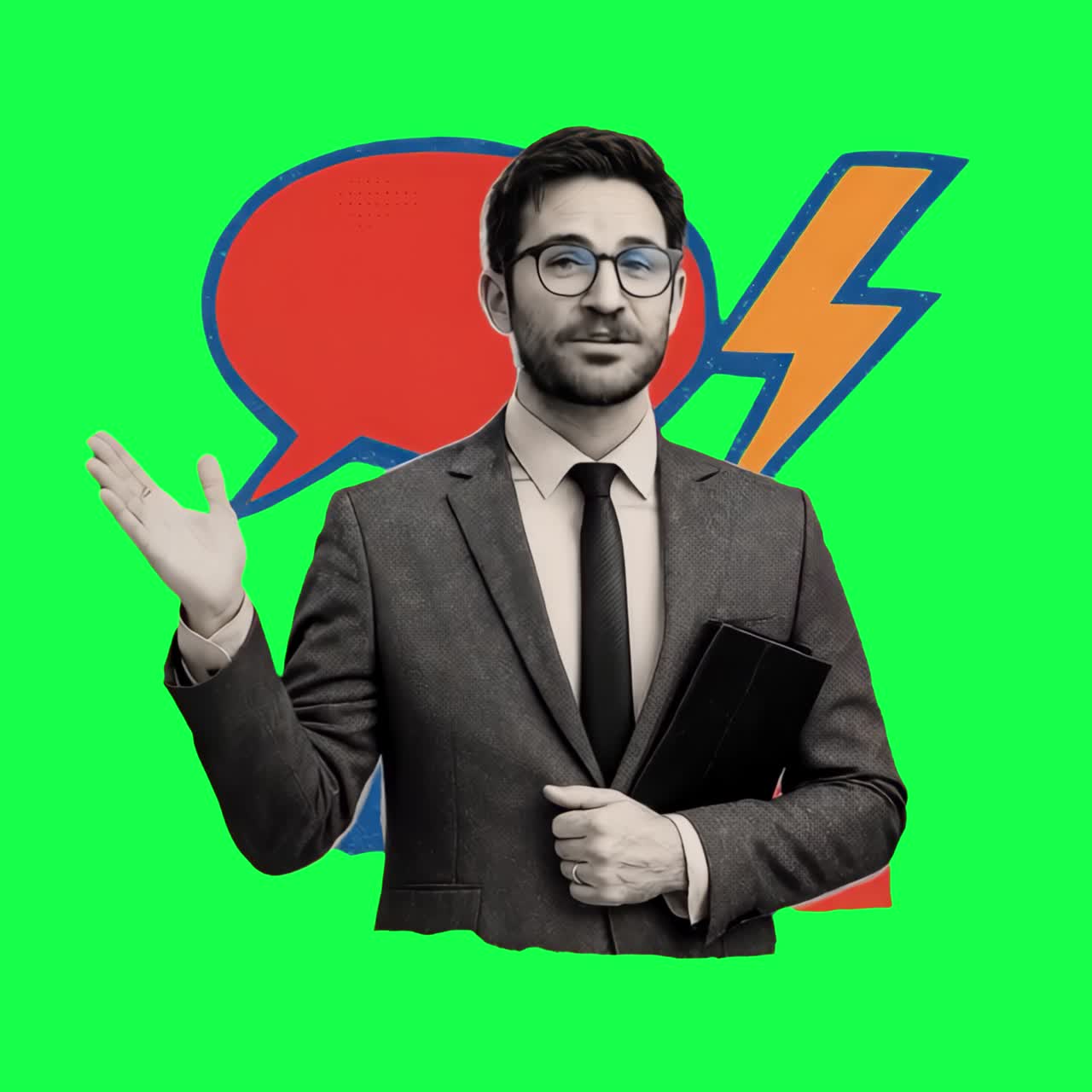 Confident businessman with bold graphics animation, transparent 4K video, green screen