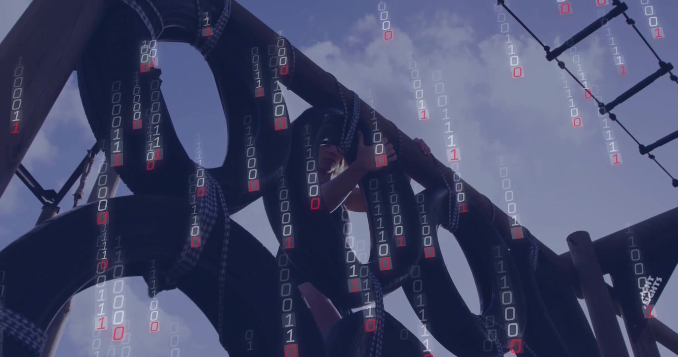 Binary code animation over person climbing on outdoor playground structure