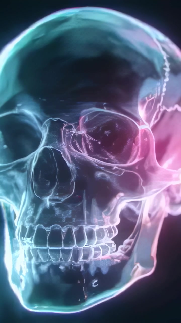 Vertical video: Playing glass skull rotating in void, cyan magenta light and sparks accenting bones
