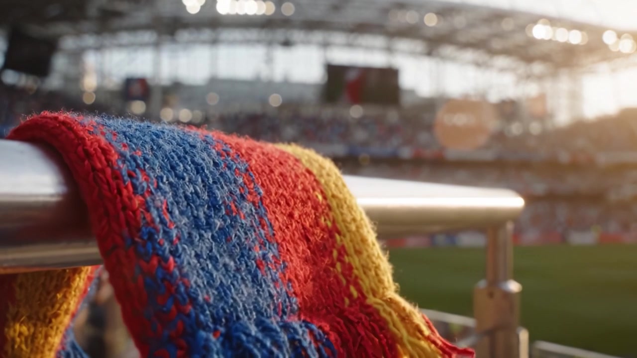 Una vivace sciarpa della squadra drappeggiata su una ringhiera dello stadio, che cattura l'essenza dei tifosi sportivi appassionati e l'atmosfera elettrizzante di un'esperienza di partita dal vivo