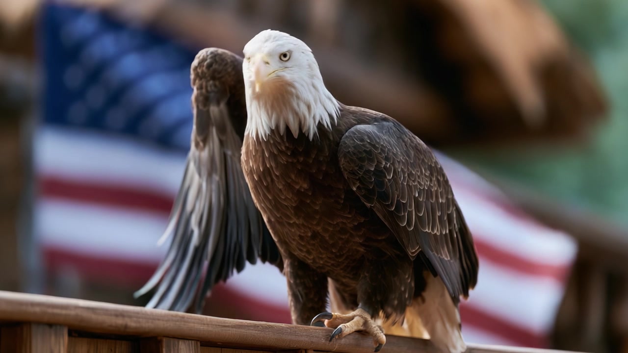 Aquila calva maestosa che mostra la sua bellezza e forza su uno sfondo patriottico di una bandiera americana, a simboleggiare la libertà e la conservazione della fauna selvatica.