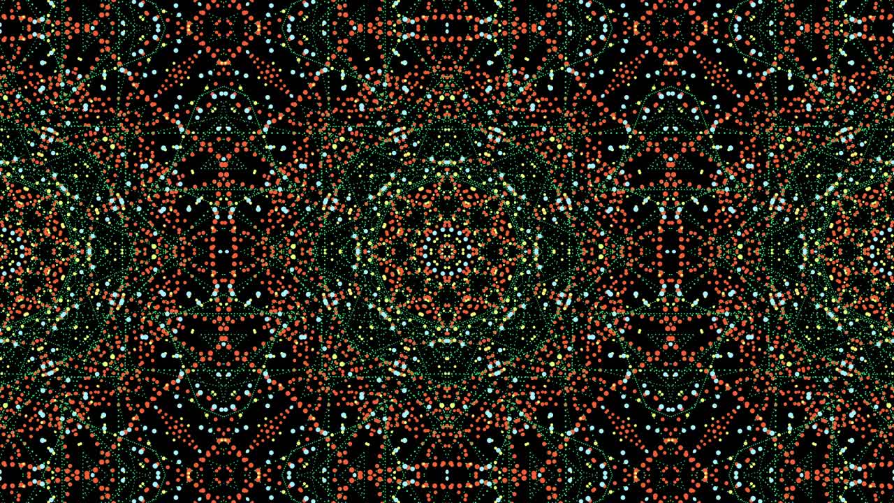 Abstract seamless loop modern digital mandala fractal animation. 4k multicolored floral particles grid motion graphics concept. Kaleidoscopic background for yoga, meditation, fitness, clubs etc.