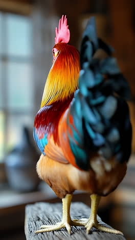 colorful rooster in barn. a vibrant rooster stands proudly on a wooden perch inside a cozy barn with warm light filtering through the windows.