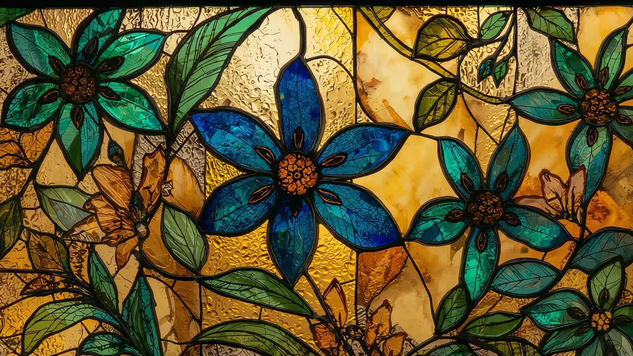 Shifting backlighting revealing crackle textures and metal lines in gallery, on stained glass panel