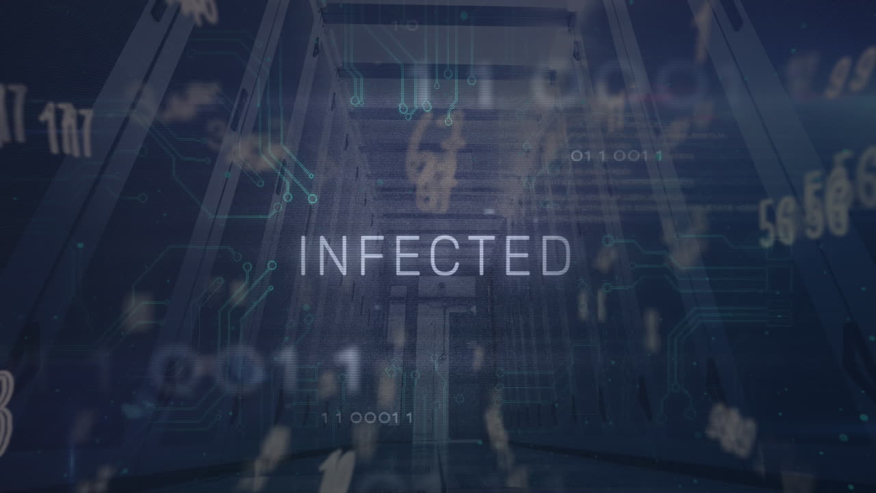 Animation of infected text, binary codes, numbers and symbols over low angle view of server room