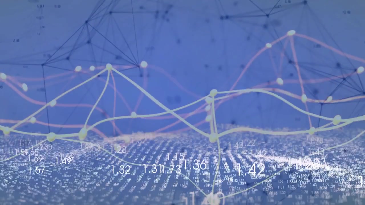 Digitalt netværk, der viser glødende noder forbundet med buede linjer over et numerisk gitter, 3D-gengivelse.