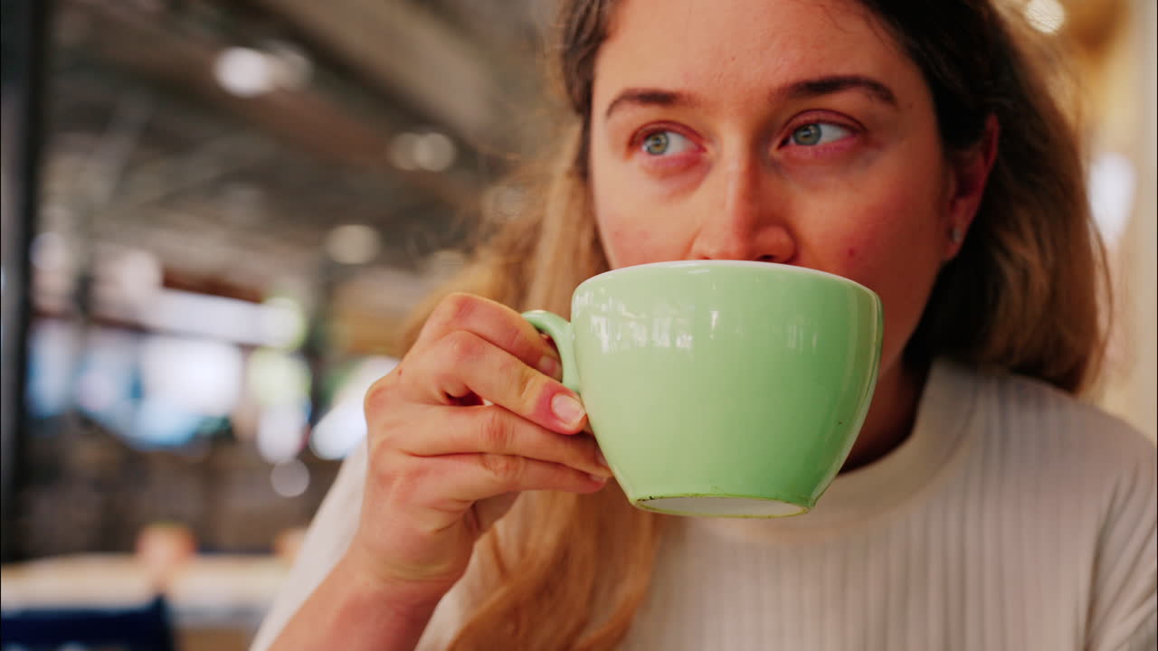 Close up of a blonde woman in a white T-shirt drinking a matcha latte out of a green cup at a terrace