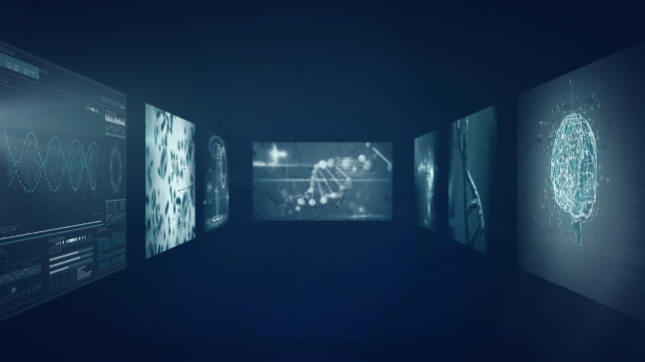 Animazione di diversi dati scientifici su schermi in movimento su sfondo blu navy.