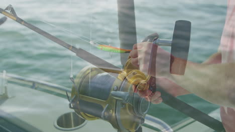 animación de un hombre caucásico pescando sobre un barco flotante