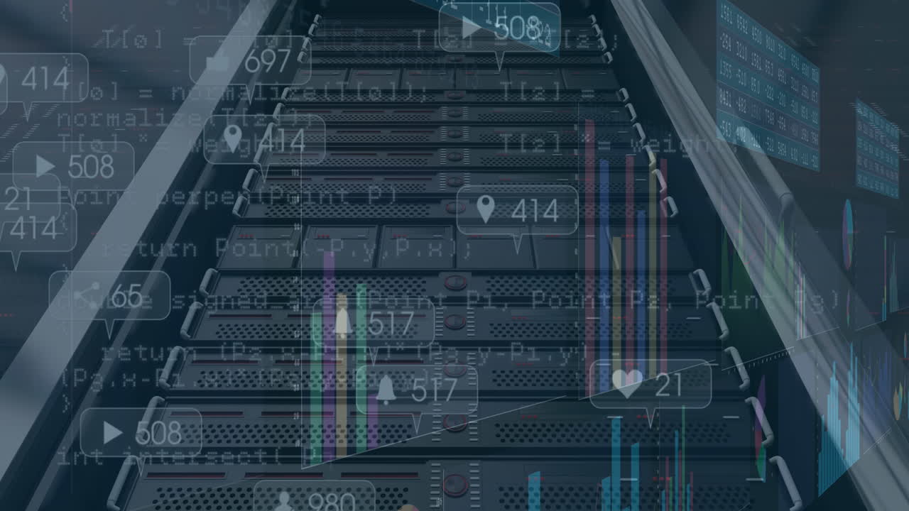 Animation of financial data processing over server room