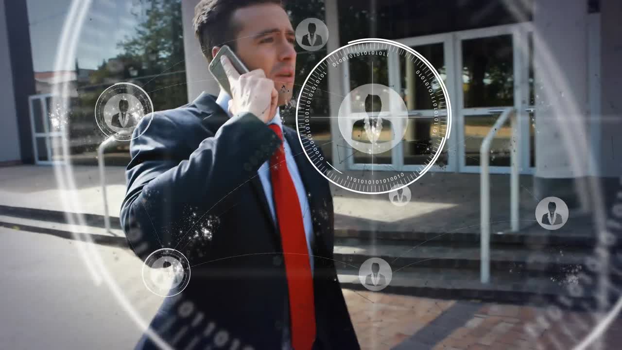 Animation of data processing over caucasian businessman using smartphone