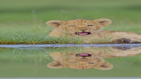 Baby-Animals-in-Africa-of-Lion-Cub,-Cute-Baby-Lions-Close-Up-Portrait-on-African-Wildlife-Safari,-Vertical-Animal-Video-for-Social-Media,-Instagram-Reels-and-Tiktok-in-Serengeti-in-Tanzania