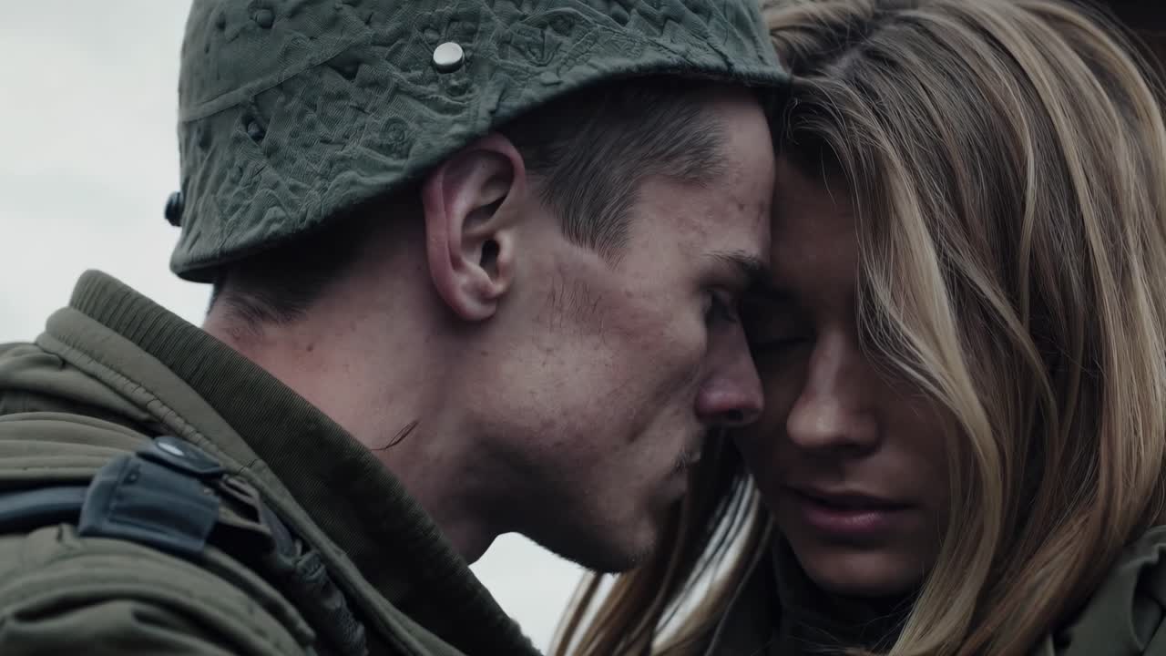 Soldier and a woman, possibly his partner or a civilian, share a tender moment amidst the harsh realities of a battlefield, their foreheads touching in a gesture of love and support