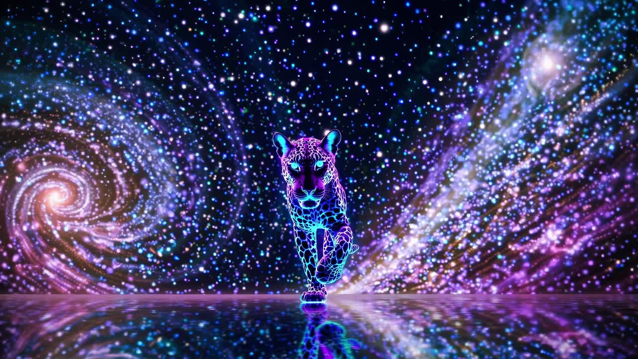 A neon leopard in a cosmic scene with swirling galaxies