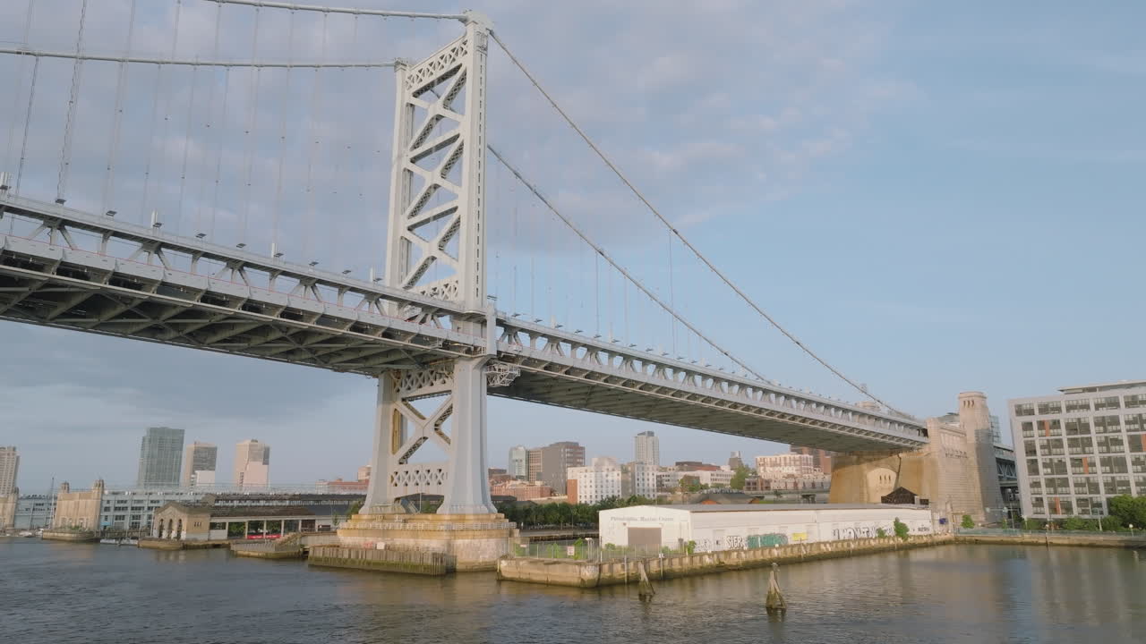 Aerial view of the Ben Franklin Bridge at sunrise. Shot in Philadelphia, Pennsylvania