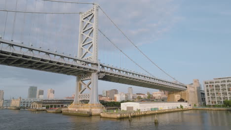 aerial view of the ben franklin bridge at sunrise. shot in philadelphia, pennsylvania
