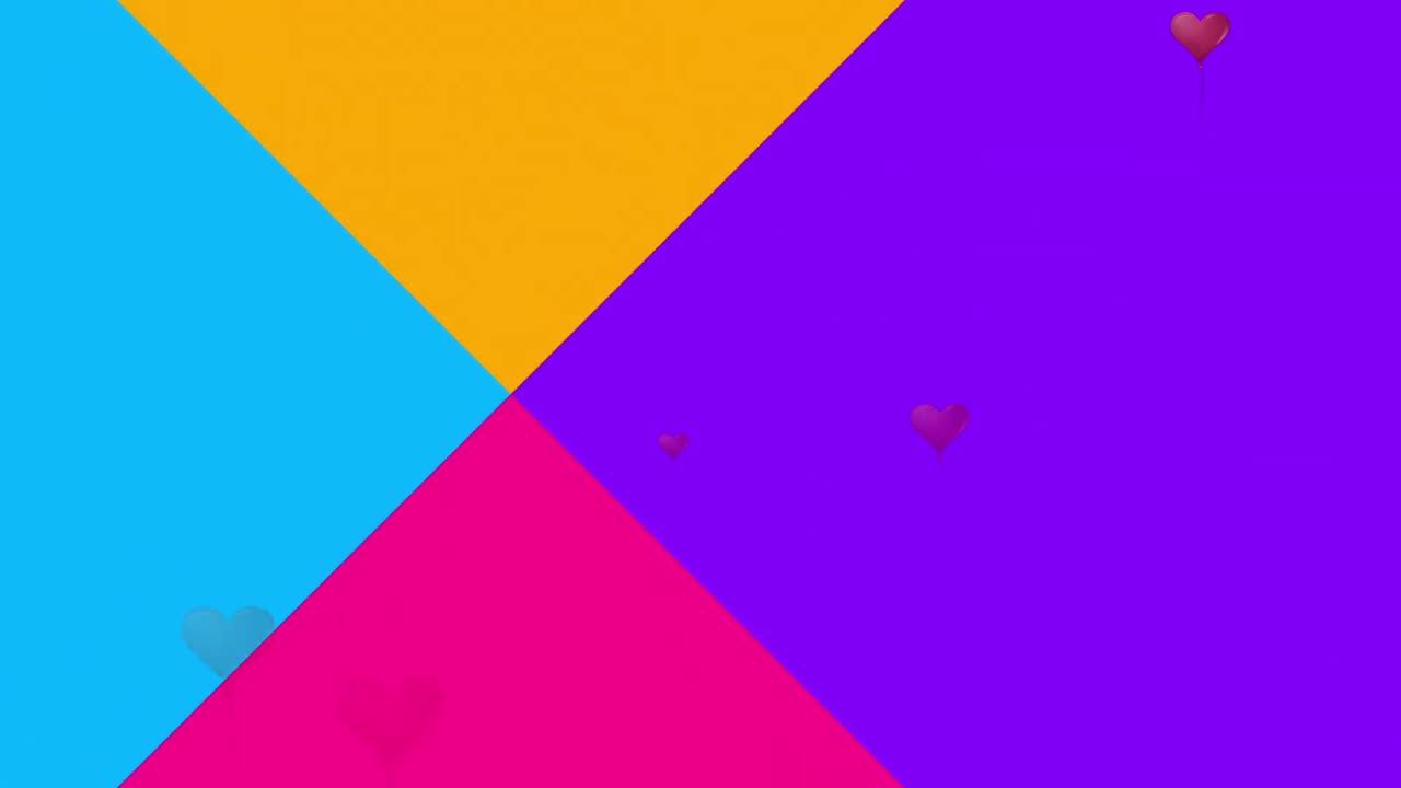 파란색, 노란색, 보라색 및 분홍색 배경 위에 떠있는 심장 모양의 풍선의 애니메이션