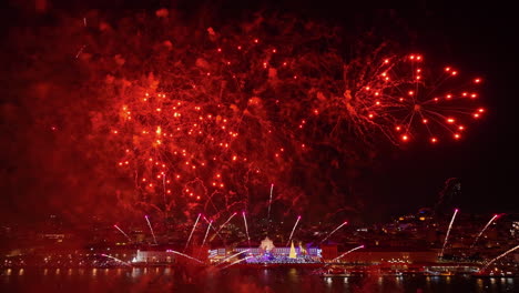 panoramic drone shot of new years eve fireworks on tajo river, lisbon, night