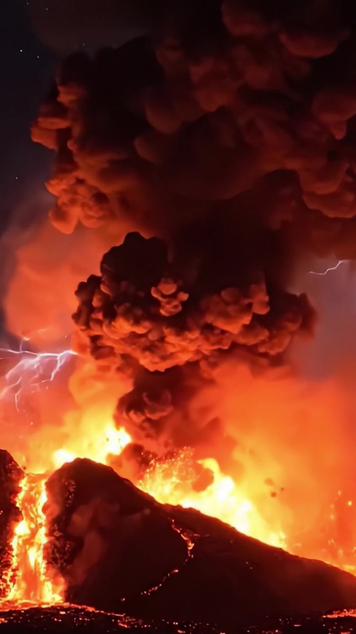 Eruzione esplosiva: uno spettacolo infuocato di lava e cenere, che cattura la potenza e la bellezza delle forze della natura nell'oscurità avvolgente.
