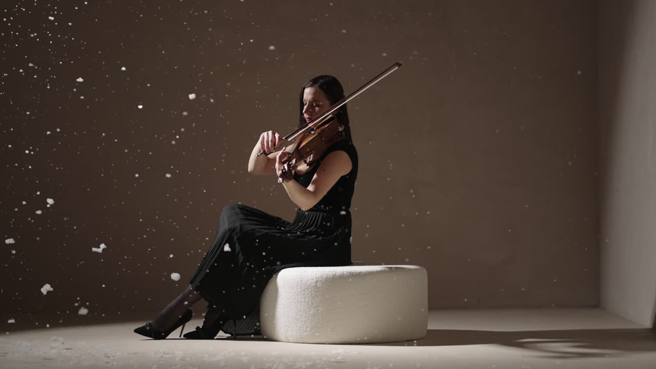 mujer tocando el violín en el entorno de invierno