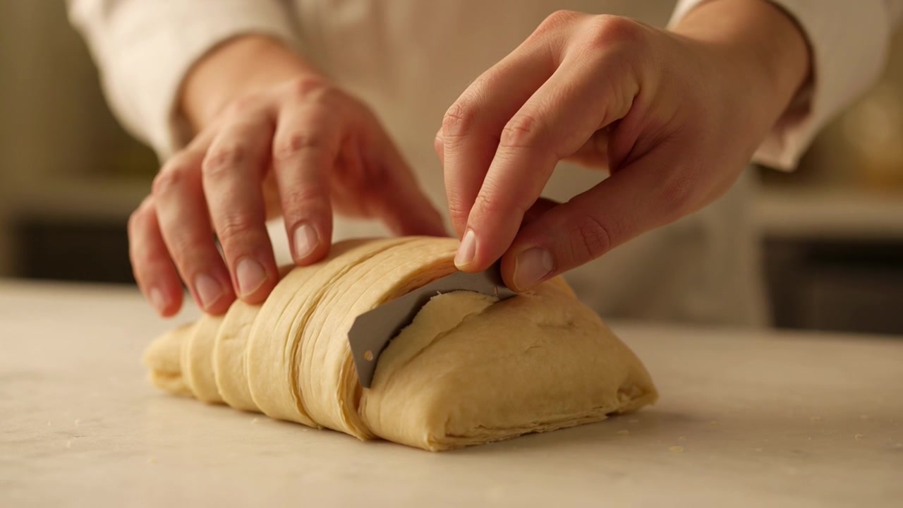 Chef Scoring Laminated Pastry Dough with a Razor Blade
