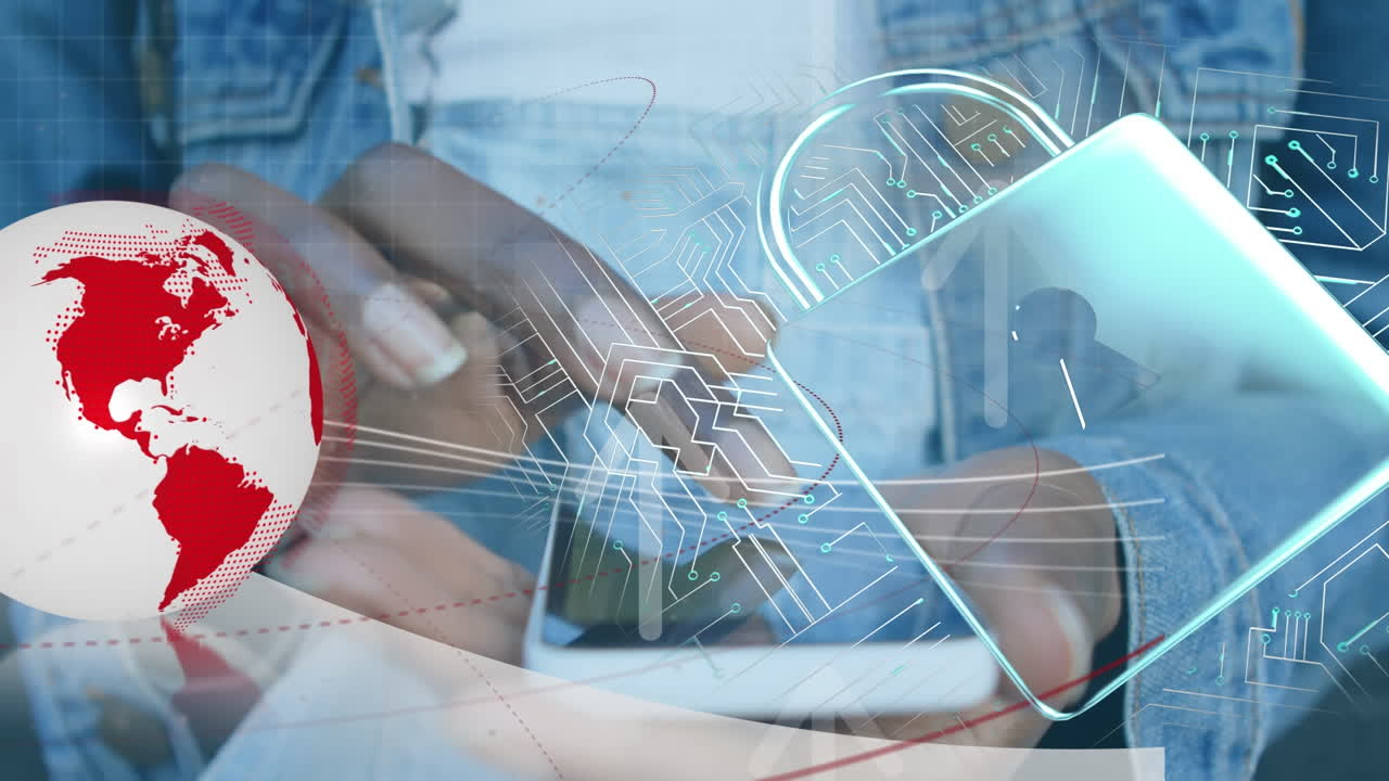 스마트 폰을 사용하는 아프리카계 미국인 여성 위의 잠금, 컴퓨터 회로 보드 및 글로브의 애니메이션