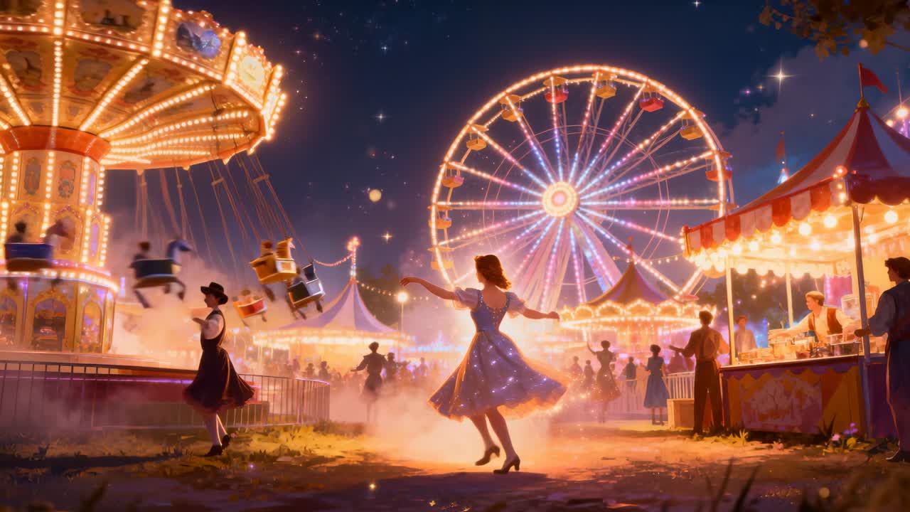 Twirling woman in retro dress spinning at night fair after partner gesturing, Ferris wheel glowing