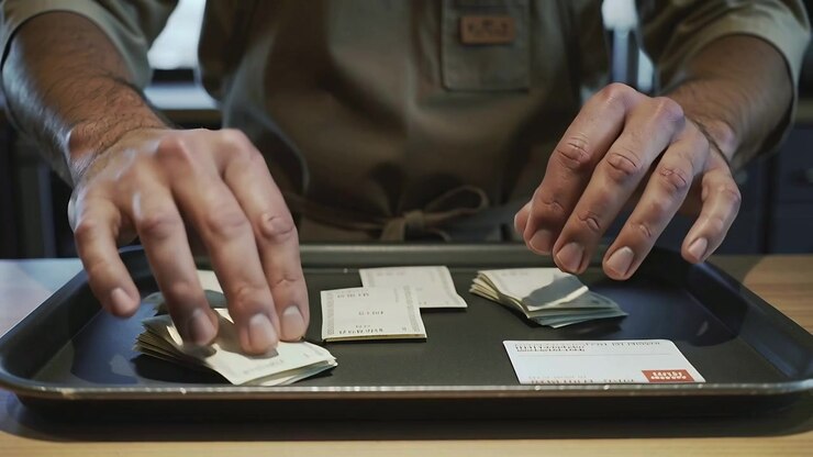 Sorting hands entering, aproned man aligning packets on wood counter for neat stacks with tray card
