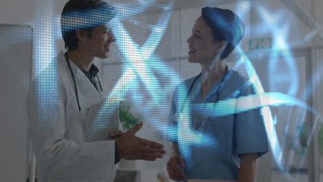 dna structures moving against doctor and nurse shaking hands