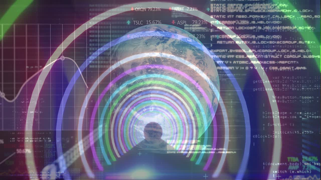 검은색 배경에 있는 데이터 처리 및 지구의 애니메이션