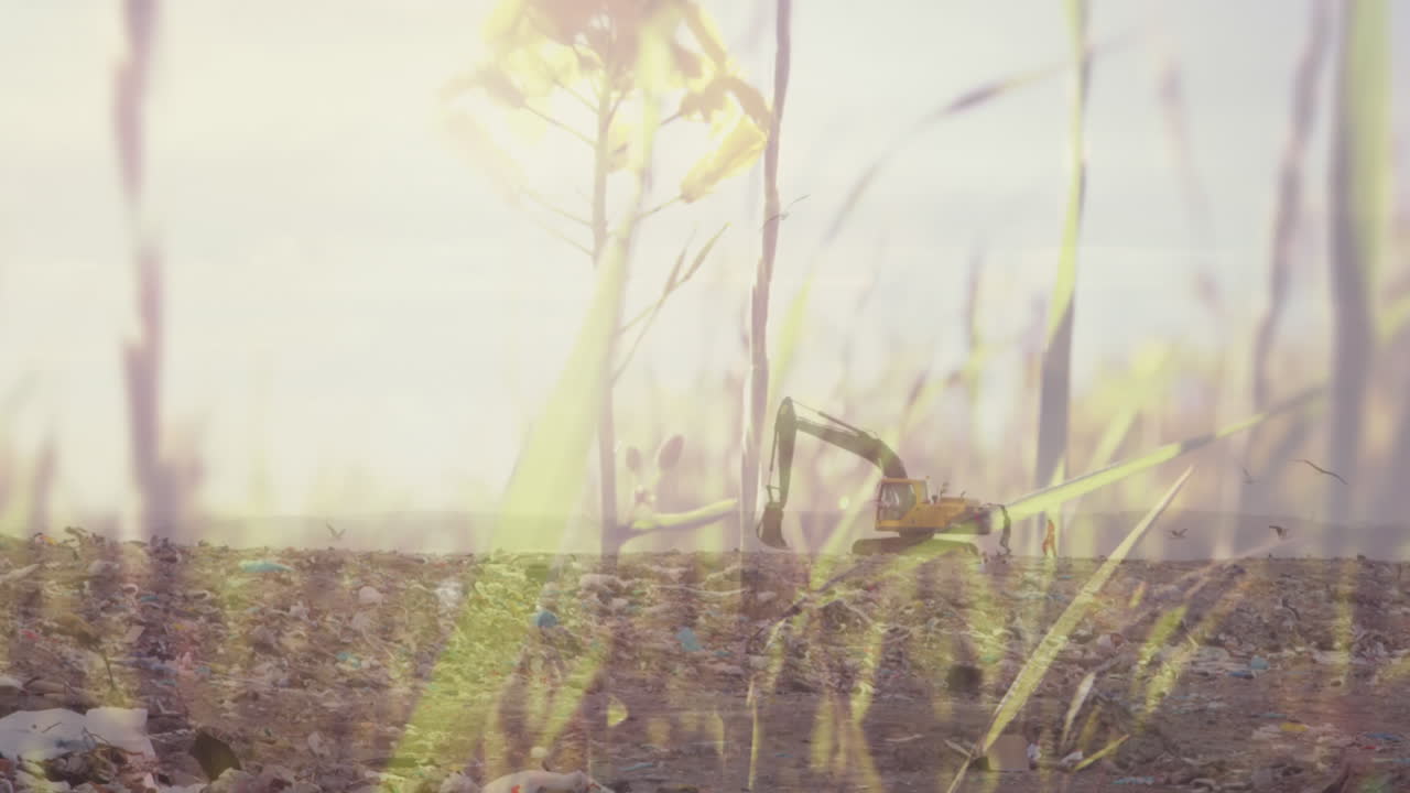 쓰레기 매립장 에서 발굴기 위 에 있는 여름 풀