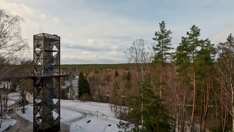 view of anyksciai laju takas, treetop walking path complex with a walkway, an information center and observation tower, located in anyksciai, lithuania near sventoji river