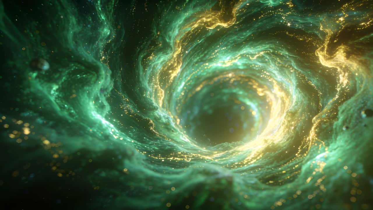 Gravity pulling emerald spiral inward in astronomy visual, gold threads tightening to dark core