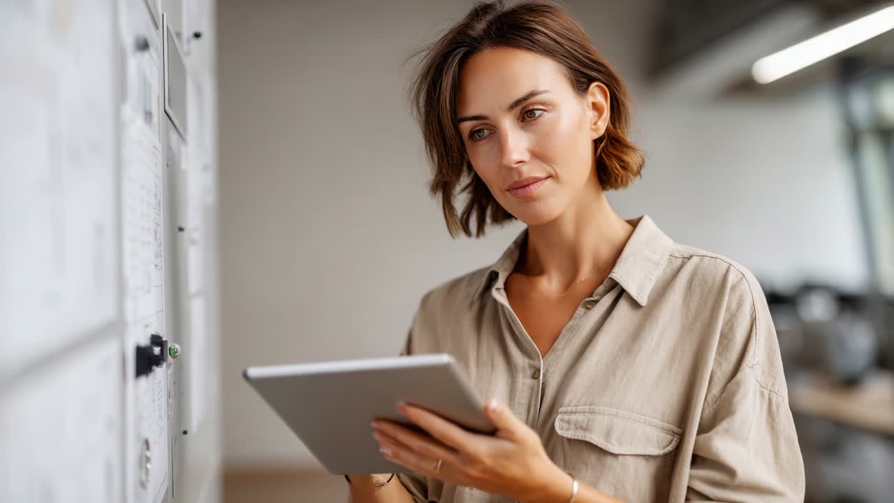 A thoughtful woman analyzing data on a tablet in a modern workspace, demonstrating focus and concentration while surrounded by various charts and notes on a board, emphasizing productivity and creativity