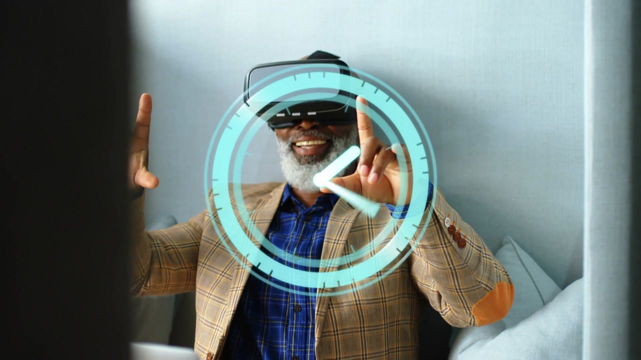 Putting on VR headset, man reaching, using holographic clock in padded booth, wearing elbow patches