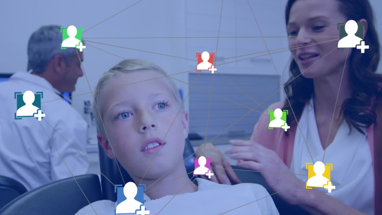 치과의사 의자에 있는 소년에 대한 아이콘과 연결 네트워크의 애니메이션