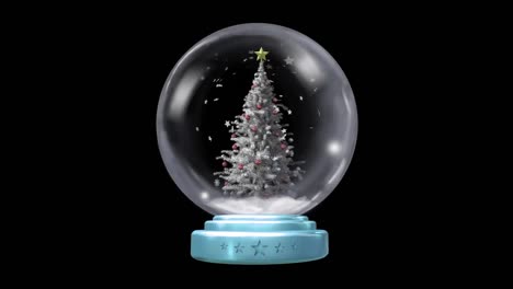 animation of christmas snow globe with snow falling and christmas tree on black background