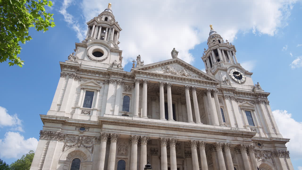 St. Paul's Cathedral rising above the trees with a clear blue sky in the background in London, England