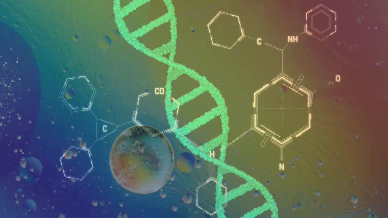 animación de burbujas sobre la cadena de adn y la fórmula química en un fondo colorido
