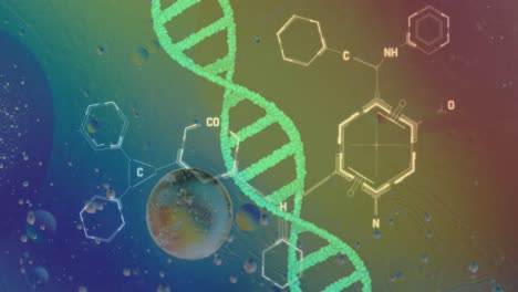 animación de burbujas sobre la cadena de adn y la fórmula química en un fondo colorido
