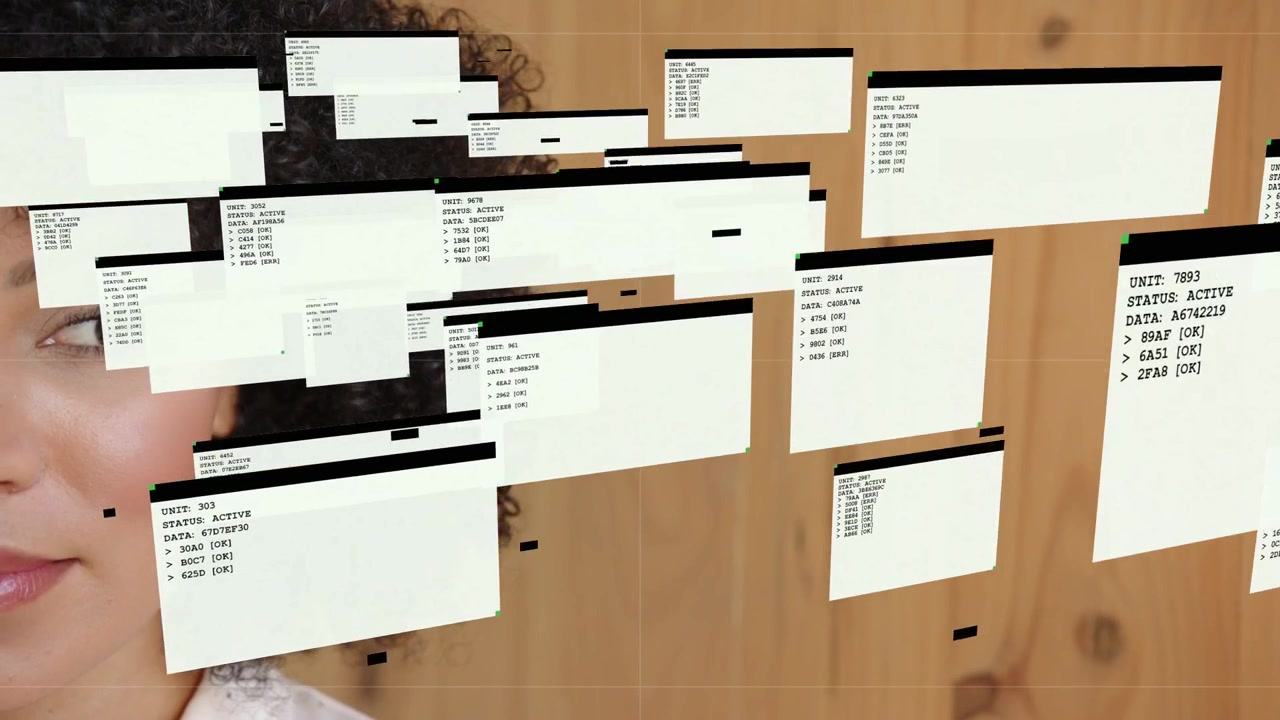 On data ping, woman still against wood wall showing tech status windows occluding face and glitches