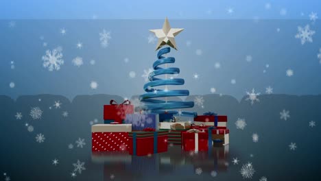 Animation-Von-Weihnachtsschnee,-Der-über-Den-Weihnachtsbaum-Auf-Blauem-Hintergrund-Fällt