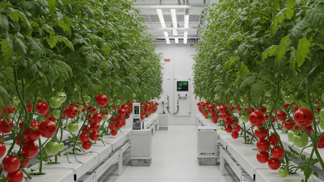 A Silly Yet Productive Hydroponic Tomato Farm with Smiling Vegetables in a Clean, High-Tech Indoor Environment, Showcasing Lush Greenery and Vibrant Produce Growth