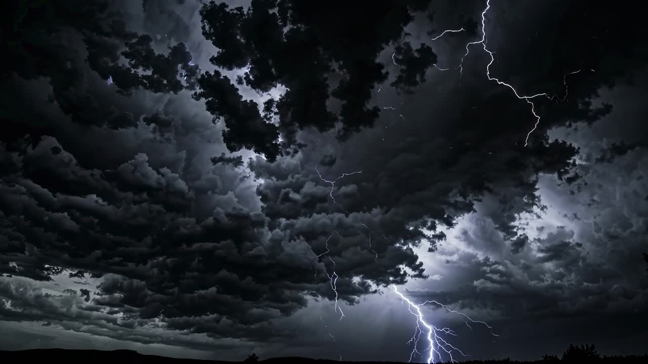 Video drammatico di un temporale con fulmini, ripreso dal basso, che cattura vividi lampi su uno sfondo scuro.