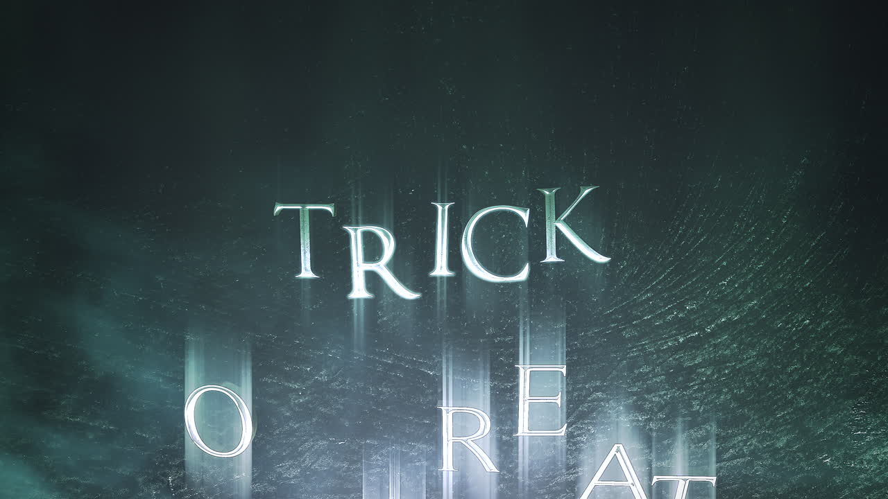 어두운 연기와 모션 카메라로 신비로운 공포 배경에서 애니메이션 텍스트 속임수 또는 치료