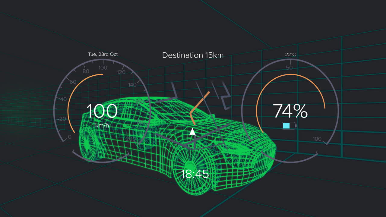 Green 3D wireframe car model hovering in virtual grid, showing speedometer battery and navigation
