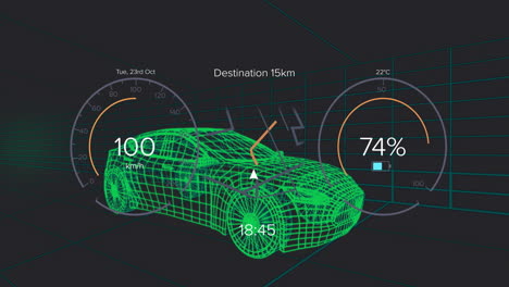 green 3d wireframe car model hovering in virtual grid, showing speedometer battery and navigation